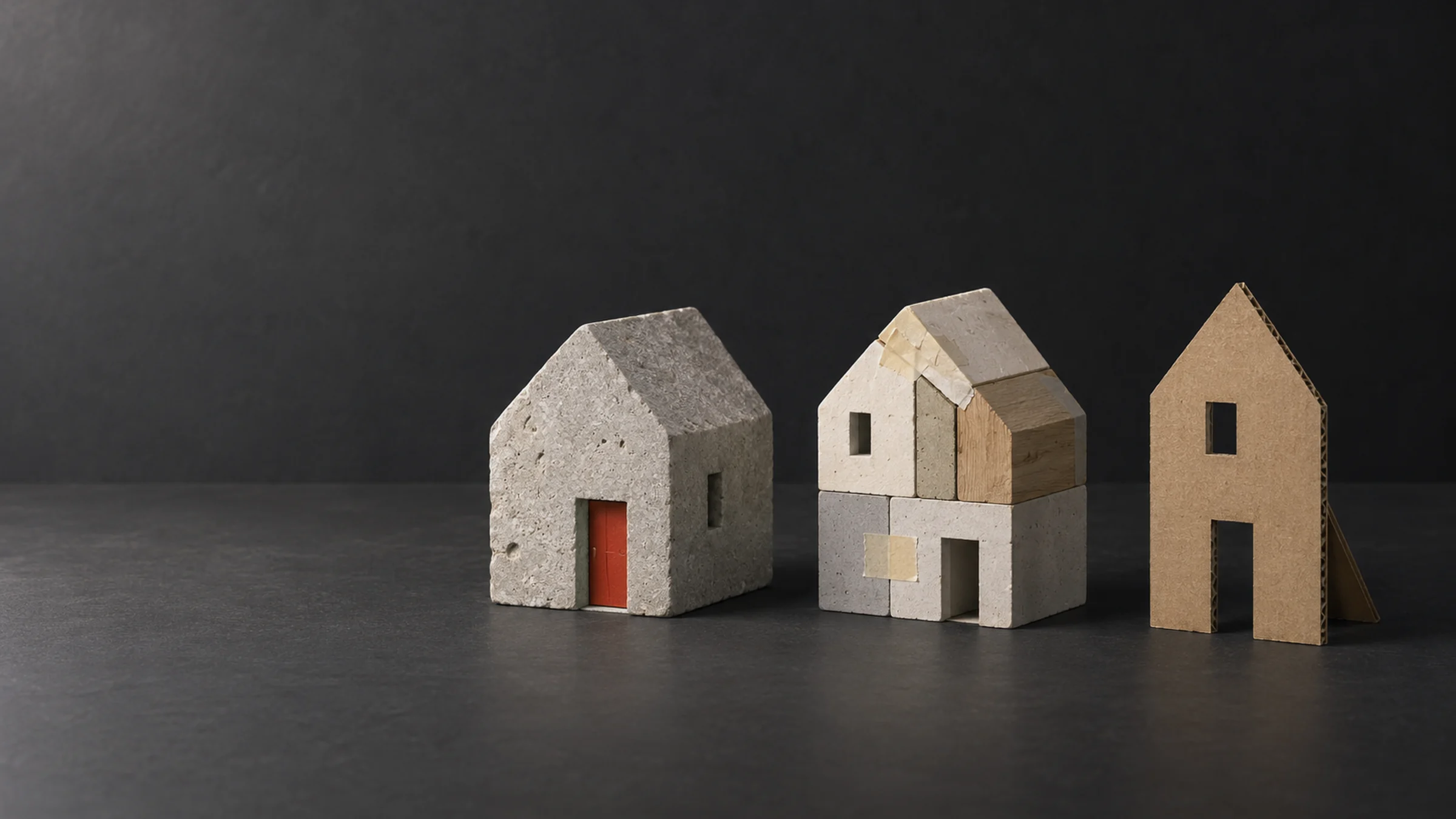 Three small houses in different materials: one of stone with a red door, one built from pieces and one of cardboard
