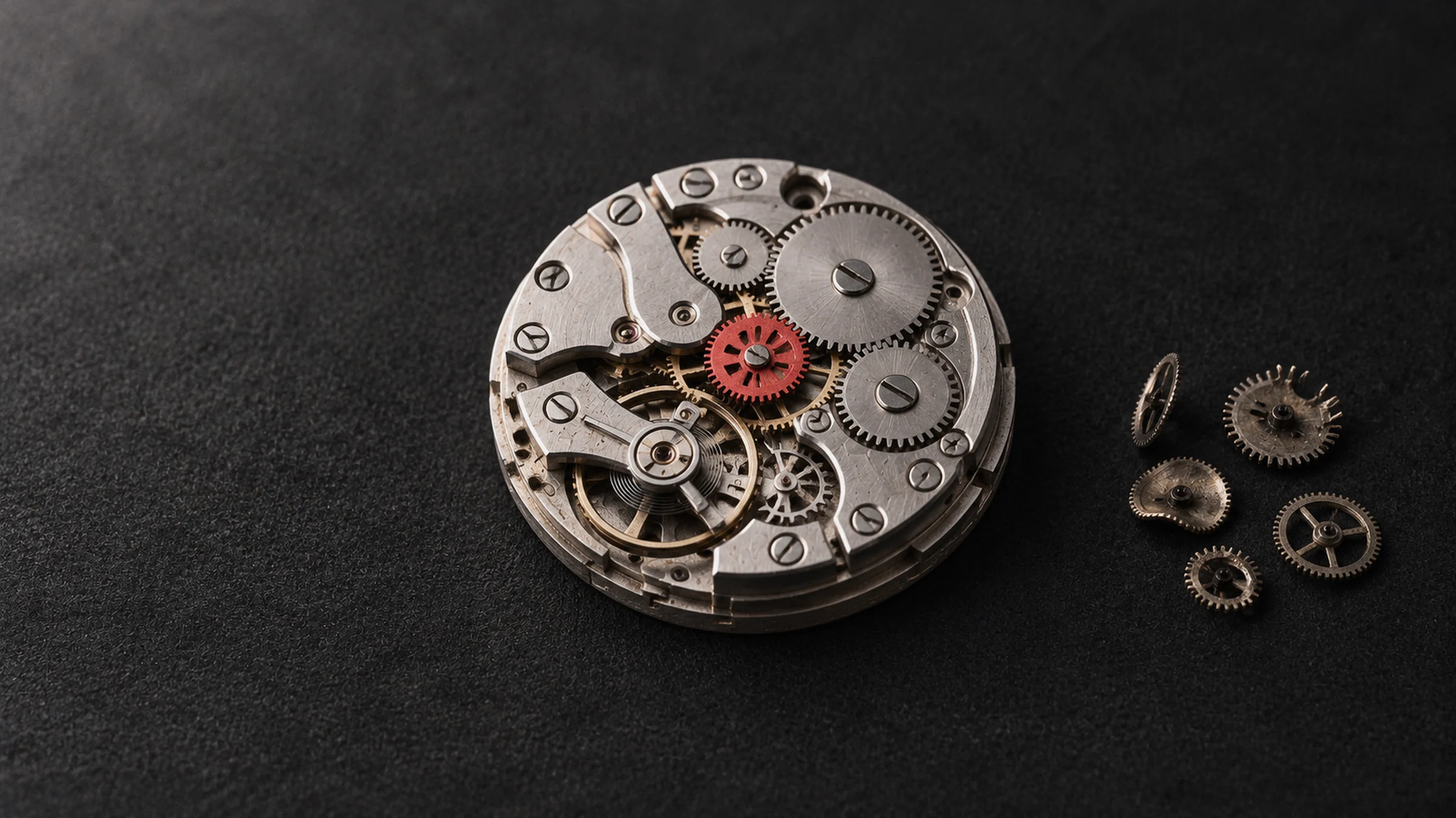 An open watch movement with a red gear at its centre and loose parts beside it