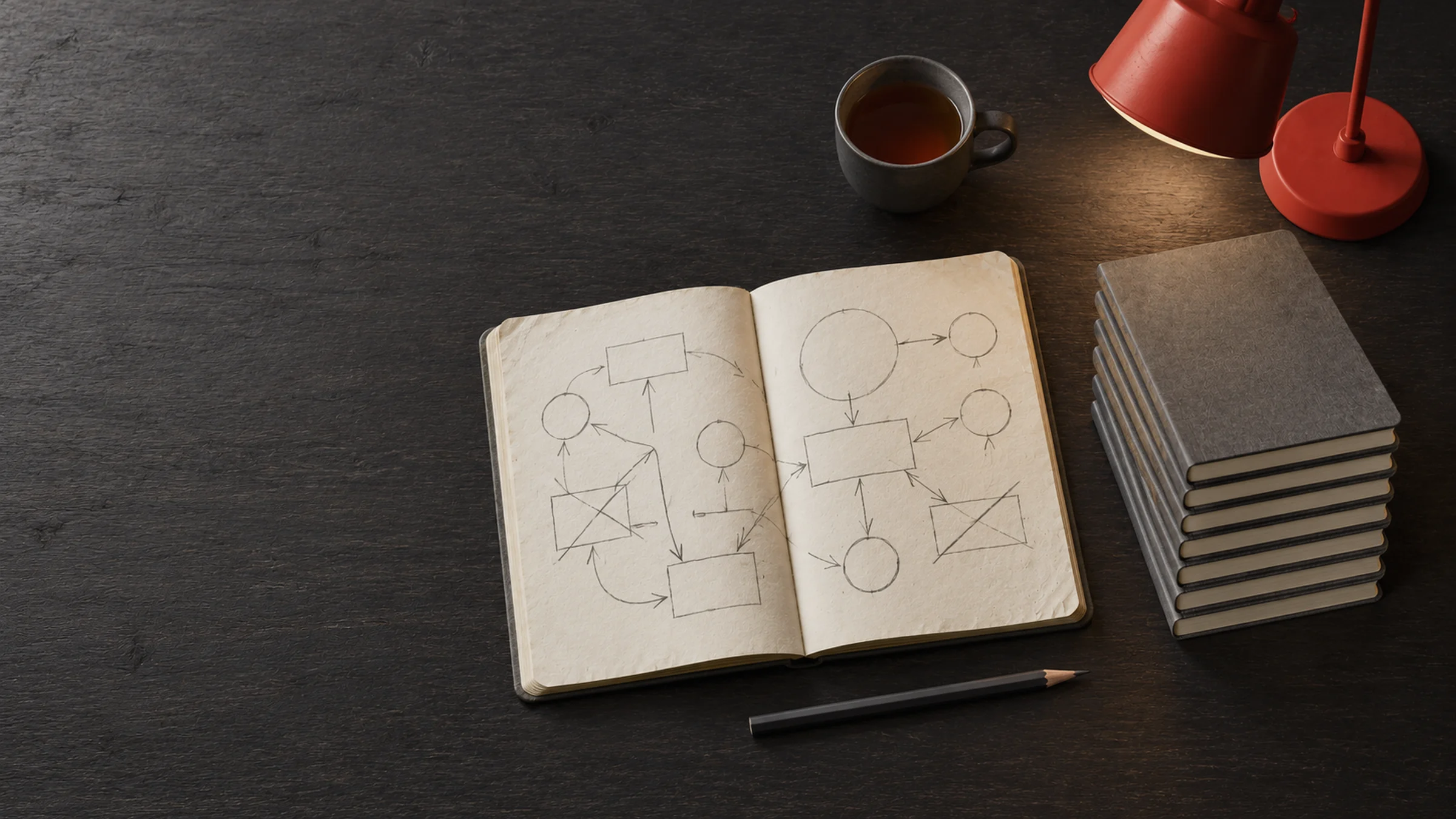 An open notebook with hand-drawn diagrams, a stack of notebooks, a cup of tea and a red lamp