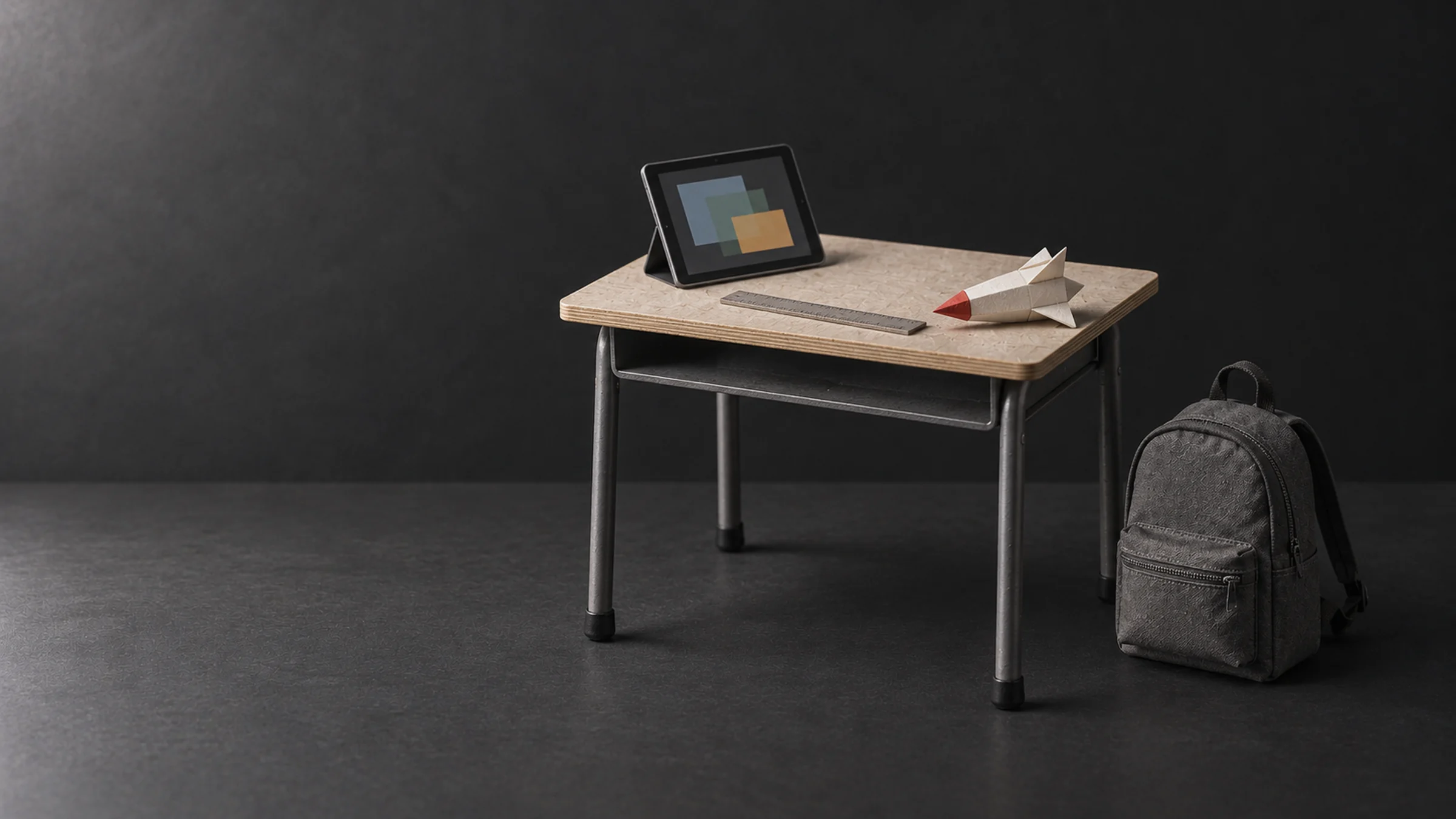 A school desk with a tablet and a paper plane, and a backpack leaning beside it