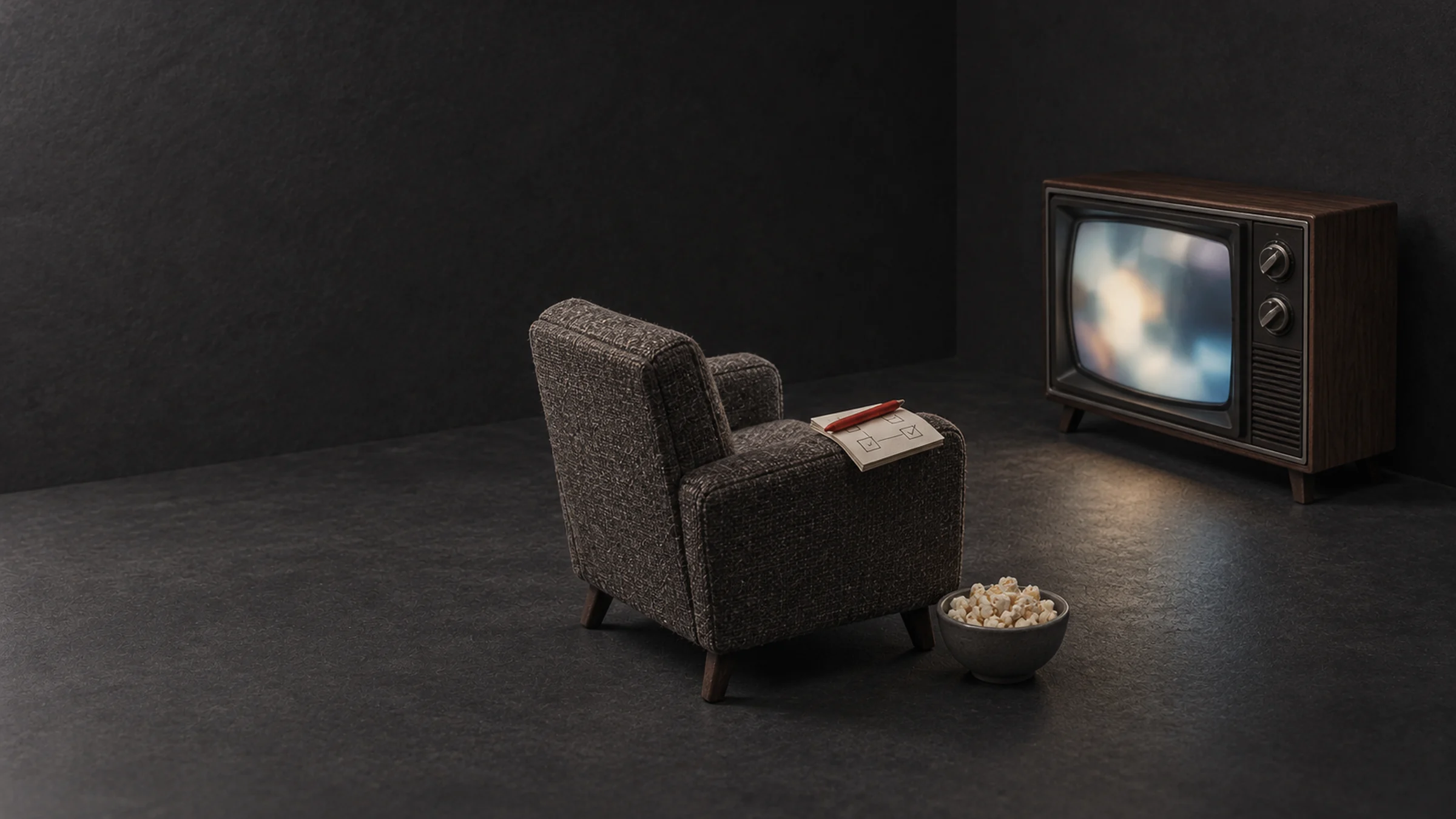 An armchair facing an old switched-on television, with a bowl of popcorn on the floor