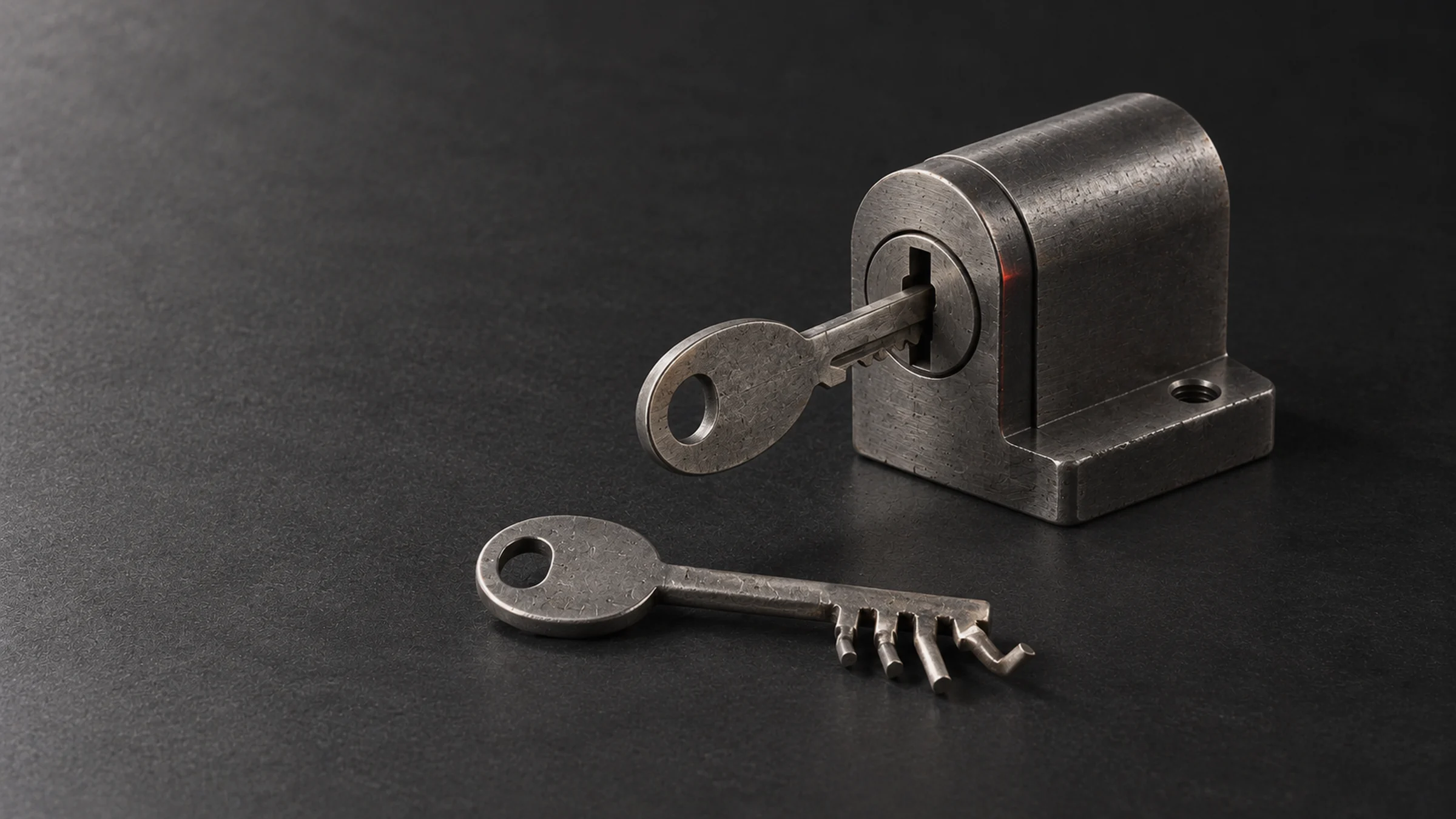 A key fitted in its lock and, in front of it, a master key with several bits