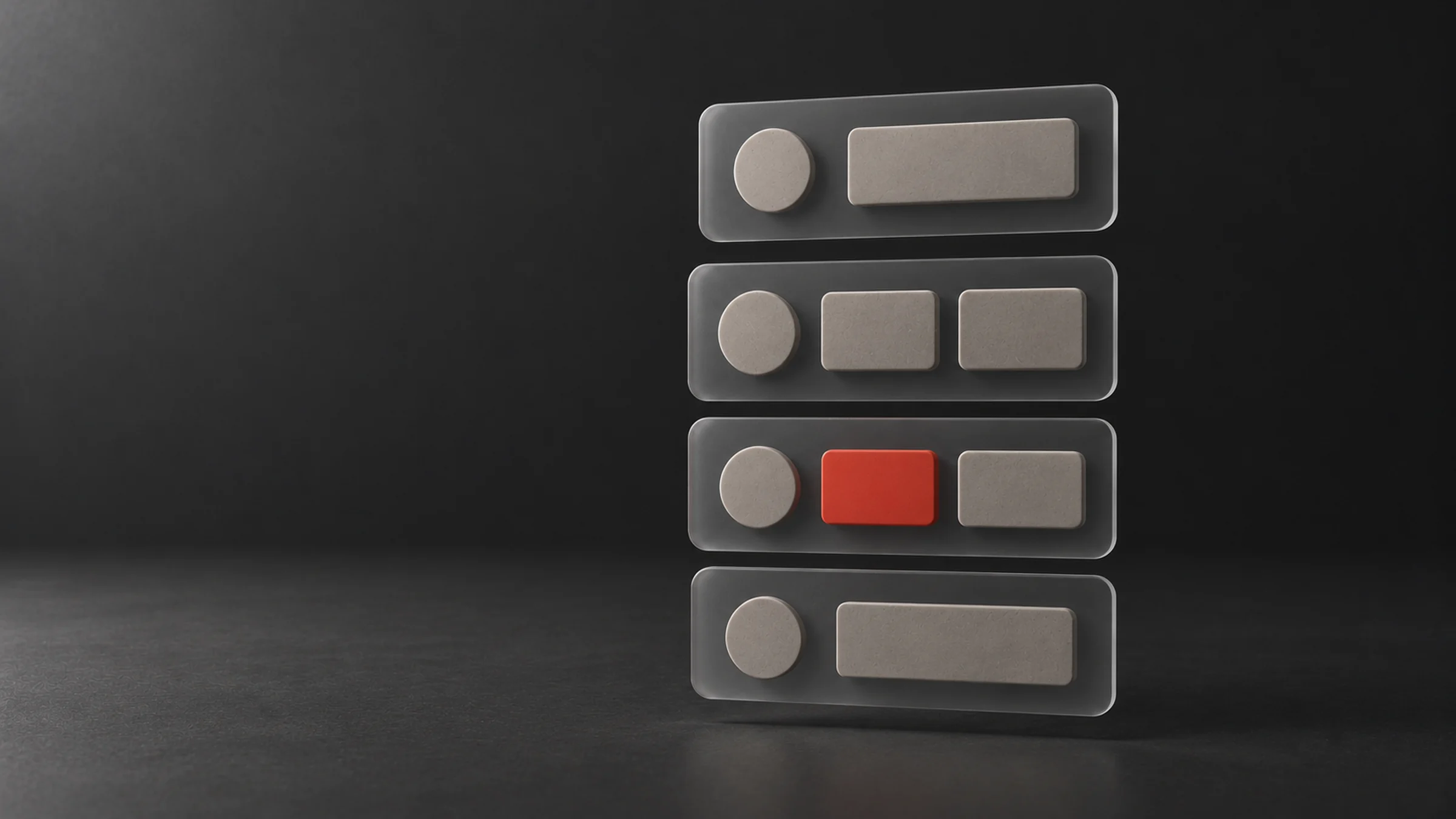 Four interface cards stacked like components, one of them with a red button