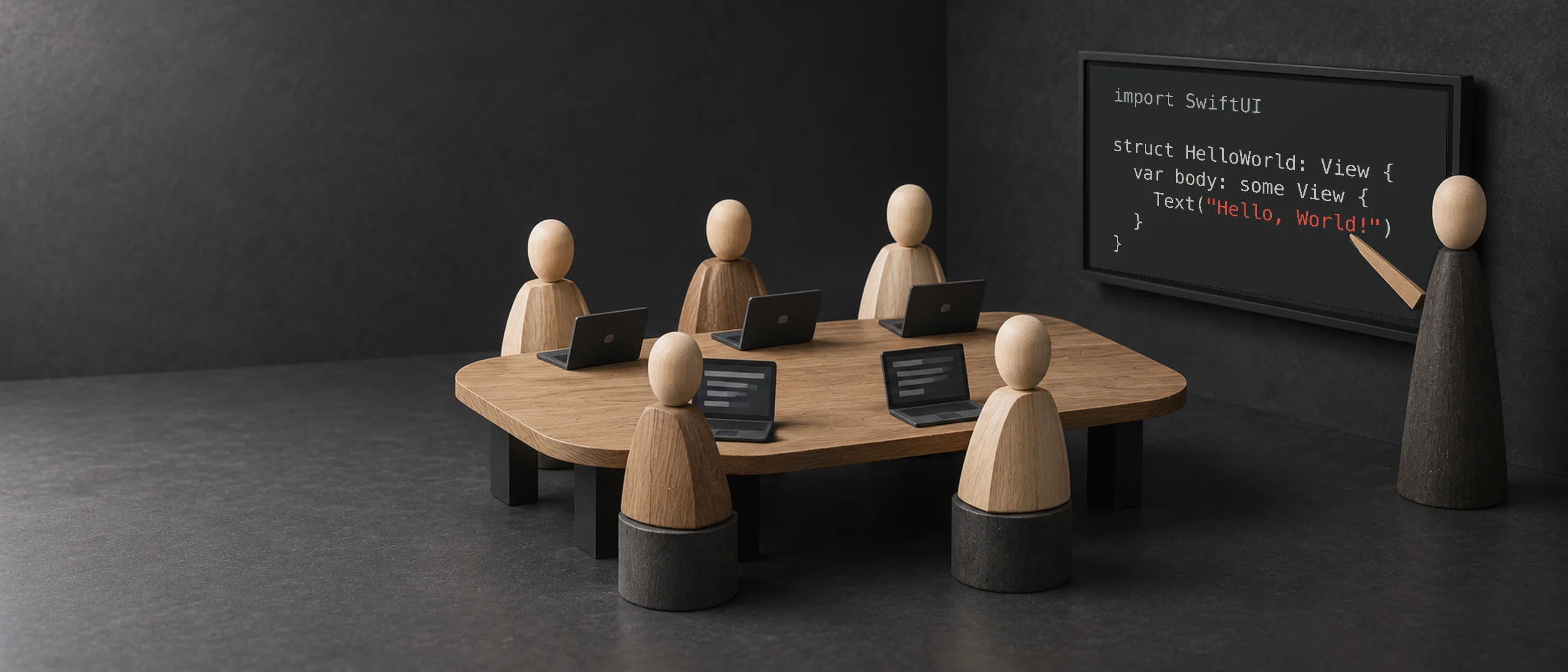 Figuras de madera de un equipo alrededor de una mesa con portátiles y, junto a una pizarra con código SwiftUI, su formador