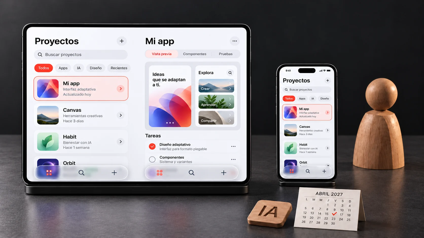 El iPhone Duo desplegado y un iPhone muestran la misma app adaptada a cada pantalla con Liquid Glass, junto a un calendario de abril de 2027