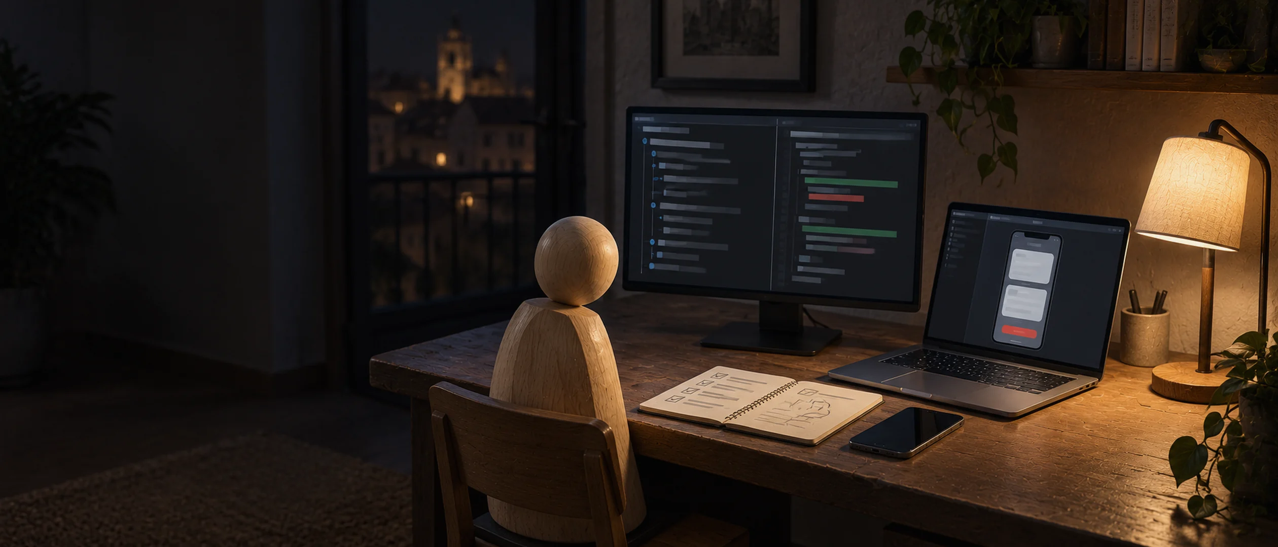 A wooden figure reviews an agent’s code and plan at night at its desk, with a monitor, a laptop and a notebook