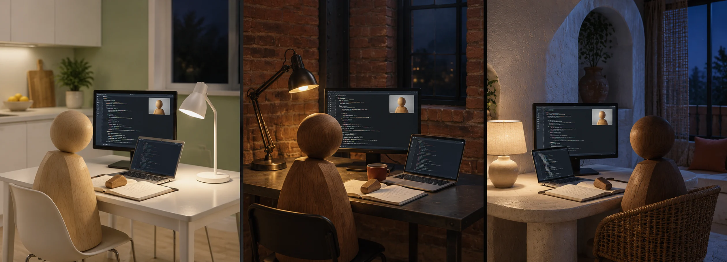 Three desks at night, in different homes, where wooden figures follow a live class on their computers