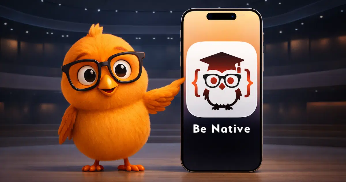 Mascota de Be Native junto a un iPhone mostrando la app